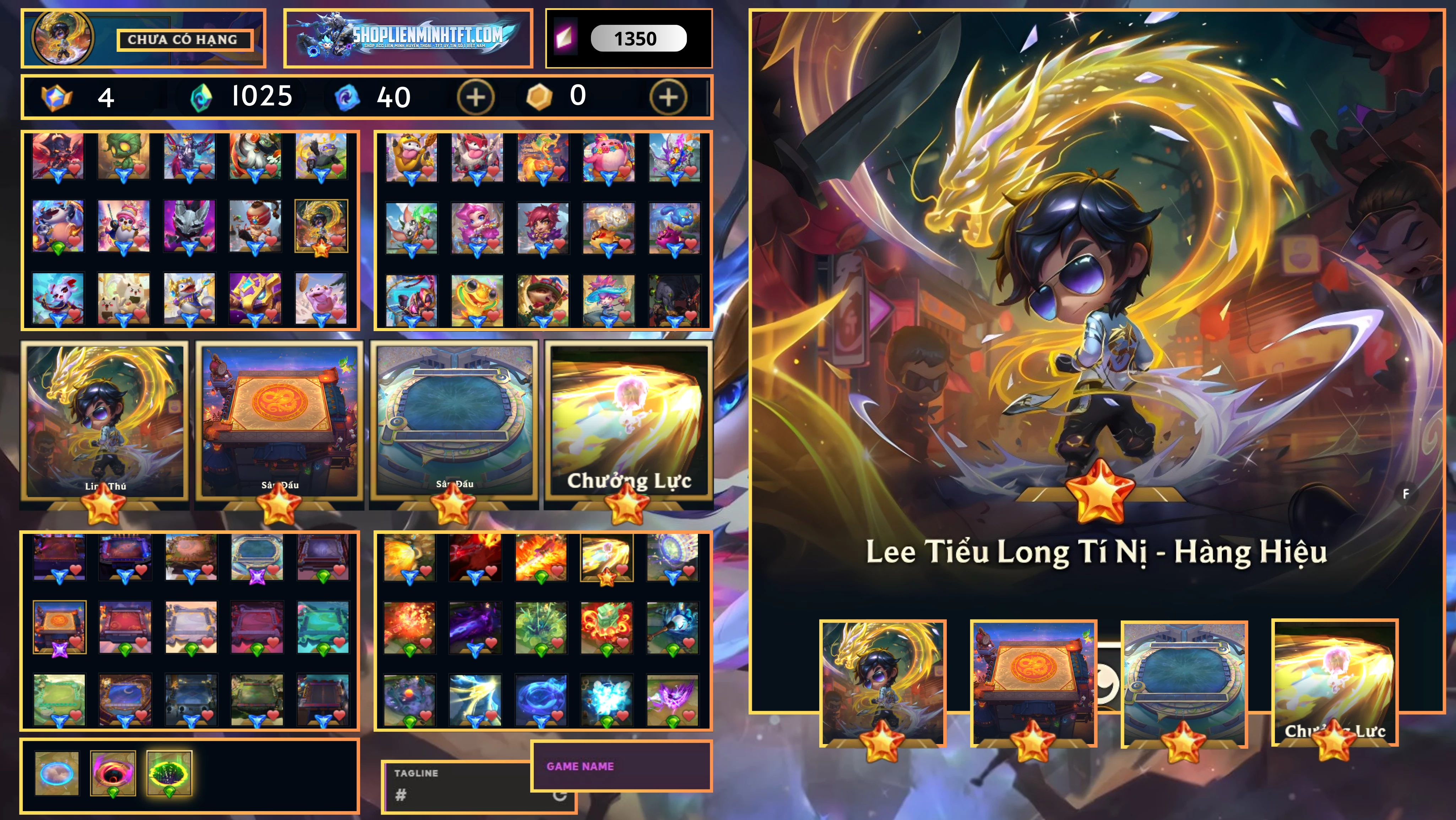 - Combo Leesin Tiểu Long Tí Nị Hàng Hiệu Chưởng Sàn - Dư 4 Huy Chương - 2 Vàng - 2 Tím - 2 Sàn Tím - Dư 1025 Pha Lê - 6 Tí Nị Thường - 8 Sàn Đỏ - Unlrank - Còn Đổi Tê